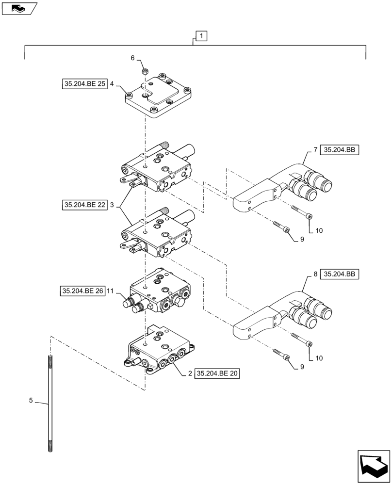 Схема запчастей Case IH MAXXUM 110 - (35.204.BE[02]) - 2 MECHANICAL REAR REMOTE CONTROL VALVES (NON CONFIGURABLE) WITH PUMP 80 L/MIN FD - DISTRIBUTOR - BREAKDOWN (35) - HYDRAULIC SYSTEMS
