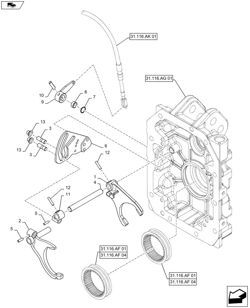 Схема запчастей Case IH MAXXUM 125 - (31.116.AK[03]) - VAR - 332801, 332805 + STD - 3 SPEED REAR PTO - SPEED SELECTION INTERNAL CONTROLS (31) - IMPLEMENT POWER TAKE OFF