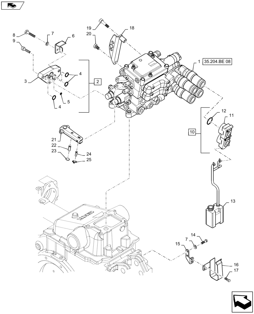 Схема запчастей Case IH MAXXUM 140 - (35.204.BE[07]) - VAR - 331849, 743740 - 2 MECHANICAL REAR REMOTE VALVES ( CONFIGURABLE ) WITH PUMP 113 L/MIN - DISTRIBUTOR, COVER AND OIL COLLECTOR (35) - HYDRAULIC SYSTEMS