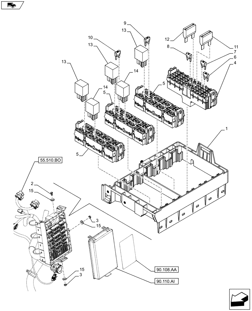 Схема запчастей Case IH FARMALL 95C - (55.100.DO[02]) - VAR - 390754, 334435, 334436, 335754 - FUSE BOX, FUSE HOLDER, RELAY, W/O CAB (55) - ELECTRICAL SYSTEMS