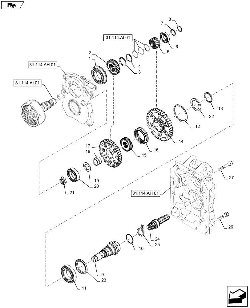 Схема запчастей Case IH MAXXUM 110 - (31.114.AF[01]) - 2 SPEED REAR PTO - GEARS, DRIVEN SHAFT AND OUTPUT SHAFT (31) - IMPLEMENT POWER TAKE OFF
