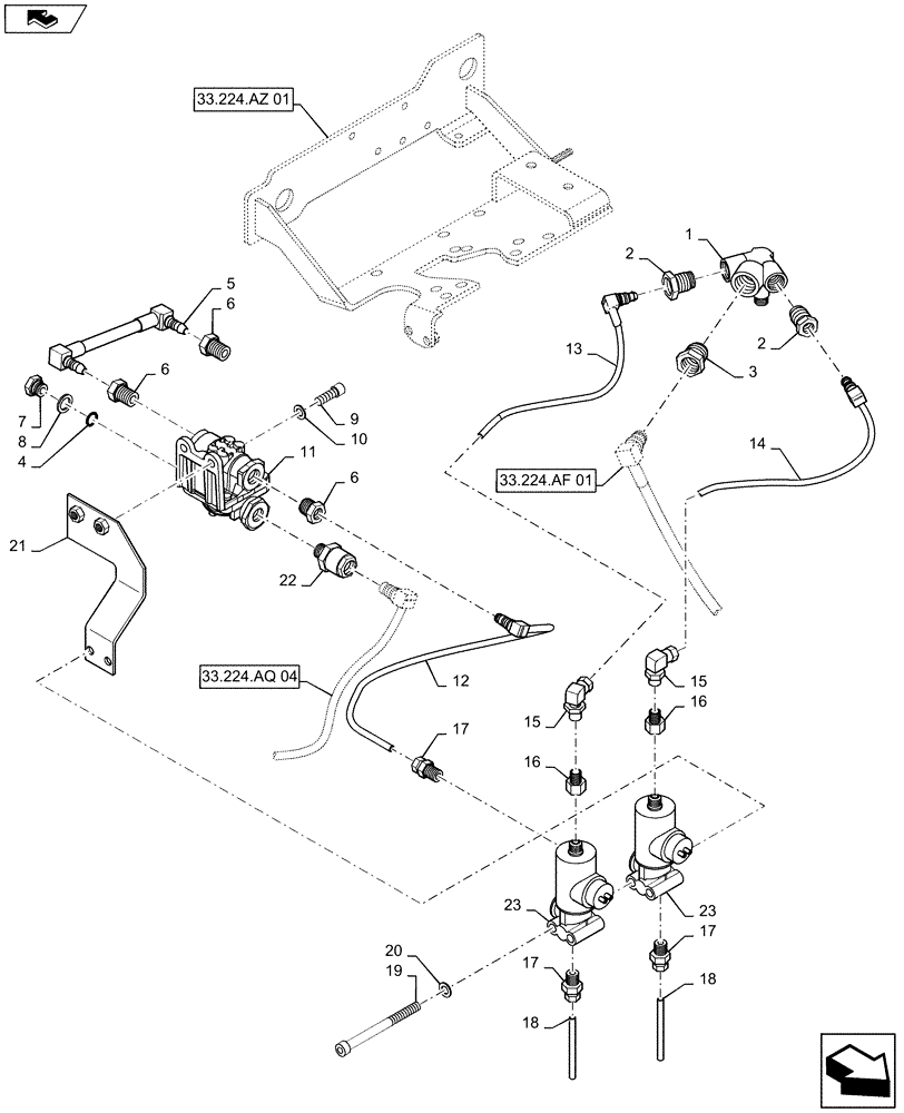 Схема запчастей Case IH MAXXUM 120 - (33.224.BA[02]) - VAR - 332739 - PNEUMATIC TRAILER BRAKE - QUICK RELEASE VALVE, SOLENOID AND PIPES (33) - BRAKES & CONTROLS