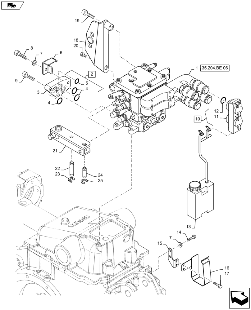 Схема запчастей Case IH MAXXUM 115 - (35.204.BE[05]) - VAR - 330849, 743740 - 2 MECHANICAL REAR REMOTE CONTROL VALVES (CONFIGURABLE) WITH PUMP 80 L/MIN FD - DISTRIBUTOR, COVER AND OIL COLLECTOR (35) - HYDRAULIC SYSTEMS