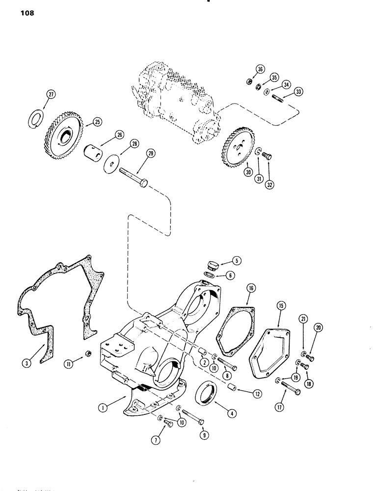 Схема запчастей Case IH 504BD - (108) - TIMING GEAR COVER & FUEL INJECTION PUMP DRIVE, ENGINE L/FUEL DEVICE, 504BD & 451BD (02) - ENGINE