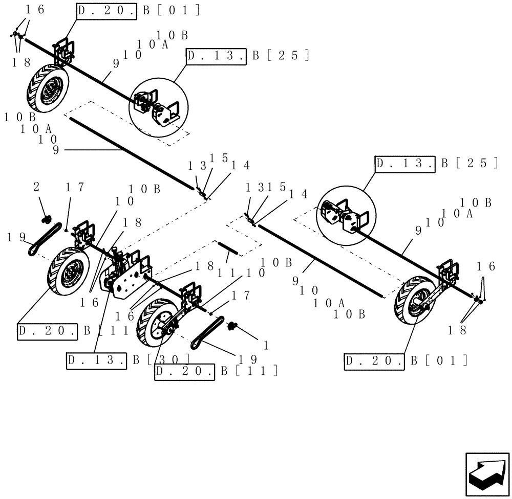 Схема запчастей Case IH 1200 - (D.13.B[21]) - DRIVE SYSTEM - MOUNTED STACKER, 3 SHAFT TRANSMISSION (BSN CBJ036000) D - Travel