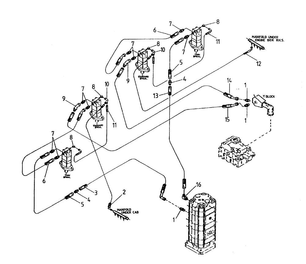 Схема запчастей Case IH 7000 - (B05-90) - HYDRAULIC CIRCUIT, (CROPDIVIDER SPIRALS - LEG BASECUTTER) Hydraulic Components & Circuits