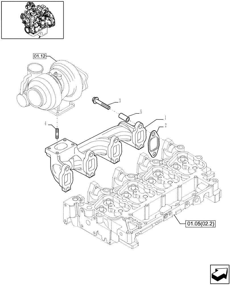 Схема запчастей Case IH WDX1002S - (01.06[02.3]) - EXHAUST MANIFOLD (01) - ENGINE