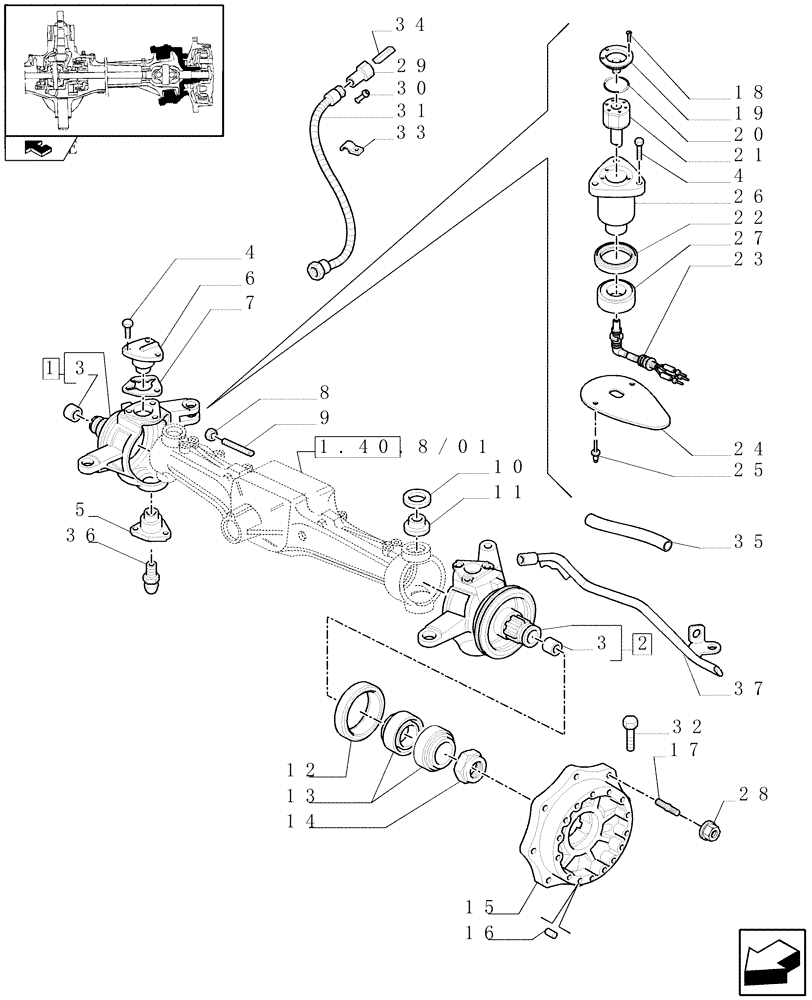 Схема запчастей Case IH PUMA 125 - (1.40. 8/02[01A]) - (CL.3) SUSPENDED FRONT AXLE W/MULTI-PLATE DIFF. LOCK AND ST. SENSOR-STEERING AXLES - HUBS - D6449 (VAR.330414) (04) - FRONT AXLE & STEERING