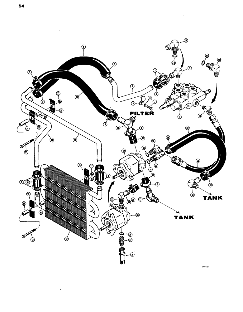 Схема запчастей Case IH 1816 - (54) - COOLING CIRCUIT AND BASIC EQUIPMENT HYDRAULIC, USED BEFORE TRACTOR SERIAL NO. 9816660 (35) - HYDRAULIC SYSTEMS