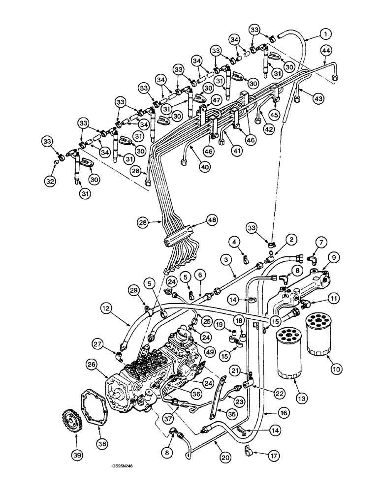 Схема запчастей Case IH DT-466 - (9E-120) - FUEL INJECTION PUMP AND CONNECTIONS, ROBERT BOSCH MODEL MW 