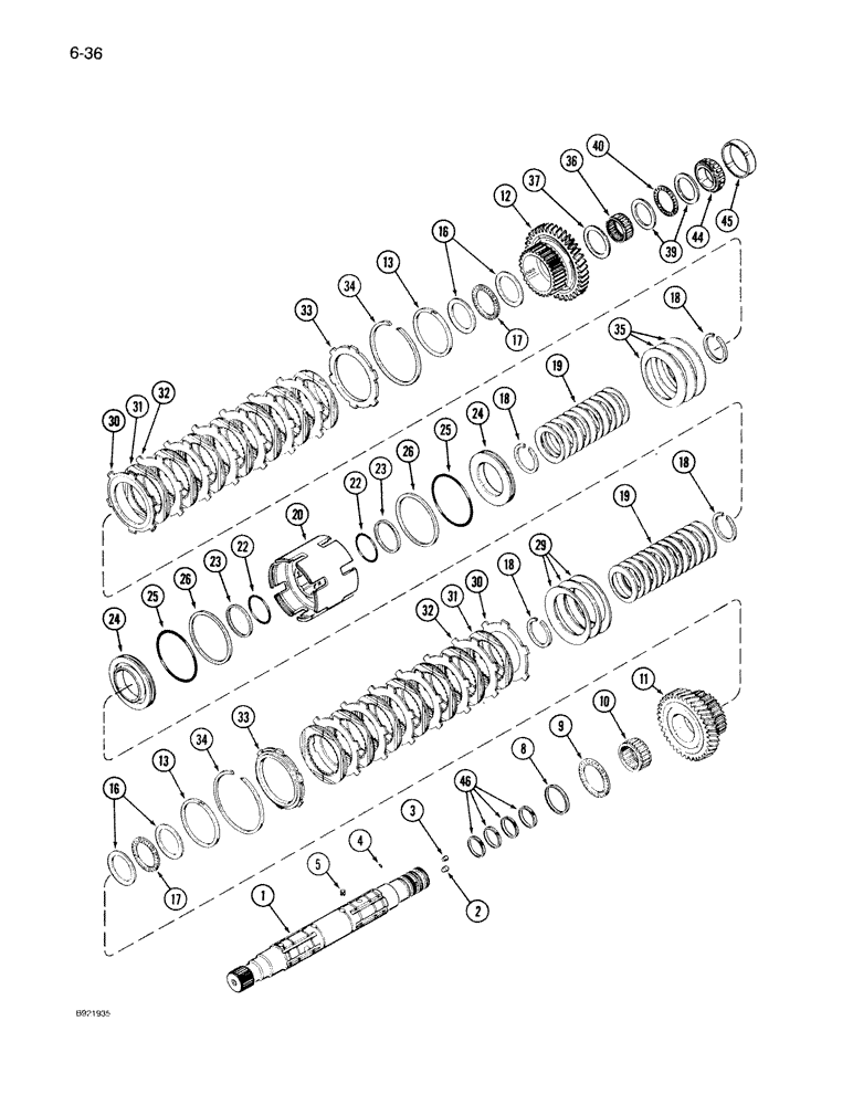 Схема запчастей Case IH 7140 - (6-036) - TRANSMISSION SPEED, OUTPUT SHAFT AND FRONT CLUTCH, TRANSMISSION S/N AJB0051028 THROUGH AJB0055132 (06) - POWER TRAIN