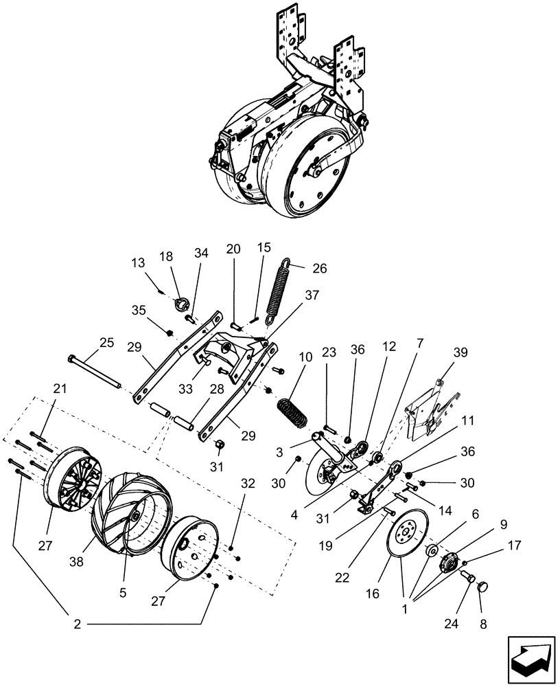 Схема запчастей Case IH 1250 - (75.200.08[01]) - ROW UNIT - PRESS WHEEL & COVERING DISC, WITH LH LEADING DISC OPENER (RH SIDE OF PLANTER BEFORE MARCH 2007) (75) - SOIL PREPARATION