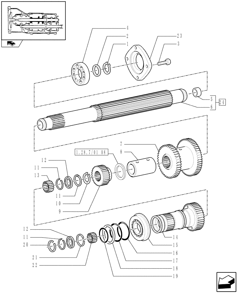 Схема запчастей Case IH PUMA 140 - (1.28.7/01[04]) - FULL POWER SHIFT TRANSM. 18X6 AND 19X6 - TOP DRIVING SHAFT AND GEARS (VAR.330285) (03) - TRANSMISSION