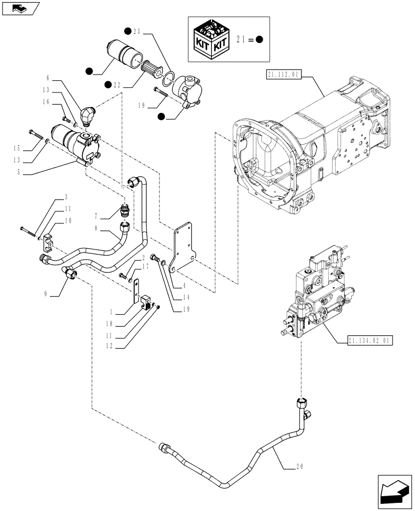 Схема запчастей Case IH FARMALL 65C - (21.104.01[02]) - HYDRAULIC GEAR BOX CONTROLS (POWER SHUTTLE 12X12 GROUND SPEED) - OIL FILTER AND PIPES - ISO (VAR.331069 / 743557) (21) - TRANSMISSION