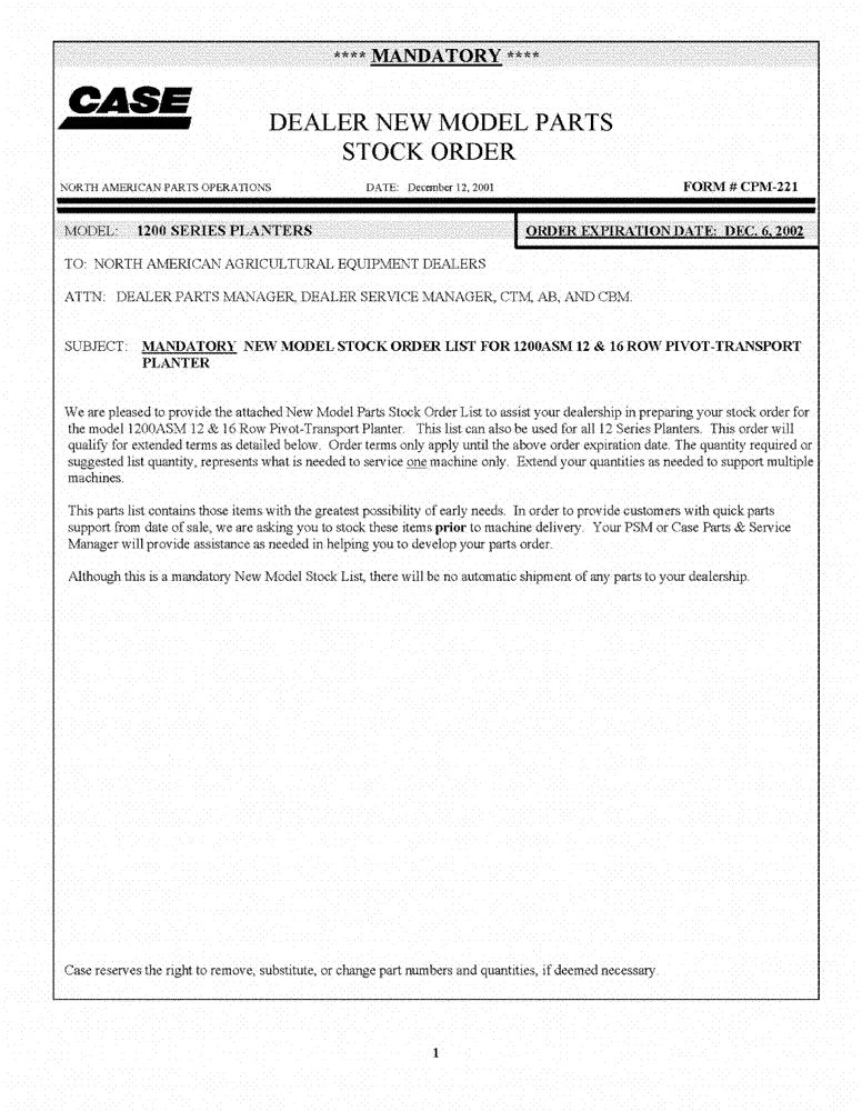 Схема запчастей Case IH 1200 - (M[03]) - DEALER NEW MODEL PARTS STOCK ORDER L - Field Processing