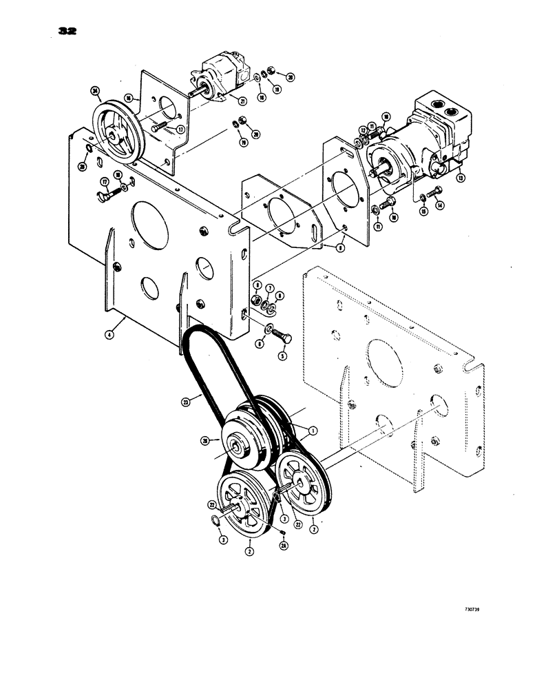 Схема запчастей Case IH 1816 - (32) - SHEAVES, DRIVE BELTS AND PUMP MOUNTING, USED BEFORE TRACTOR SERIAL NO. 9826660 (14) - MAIN GEARBOX & DRIVE
