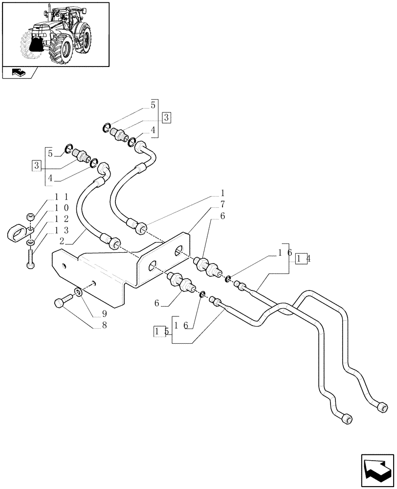 Схема запчастей Case IH PUMA 165 - (1.81.9/01[03]) - (VAR.089/02) FRONT HPL WITH PTO, LESS AUX. COUPLERS - PIPES AND BRACKETS (07) - HYDRAULIC SYSTEM