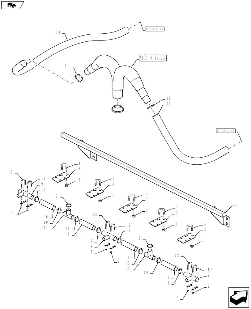Схема запчастей Case IH 610 - (78.110.14.BB) - BOOM PLUMBING, 70 BOOM, 30" SPACING, CENTER SECTION (78) - SPRAYING
