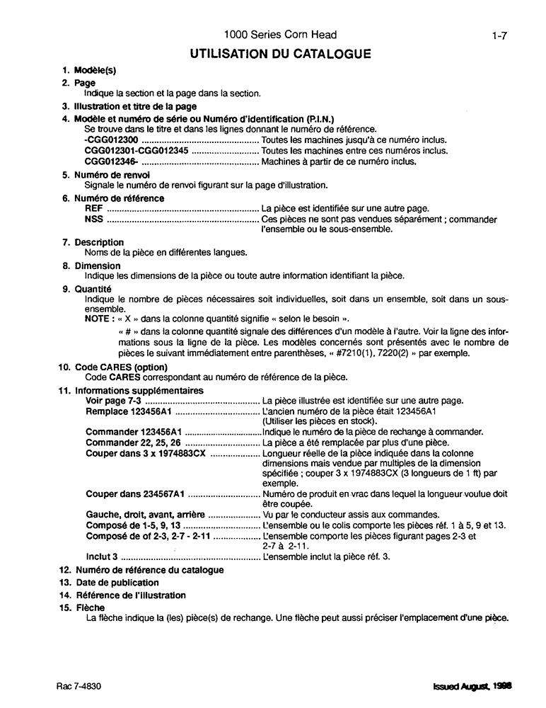 Схема запчастей Case IH 1043 - (01-07) - UTILISATION DU CATALOGUE (00) - PICTORIAL INDEX