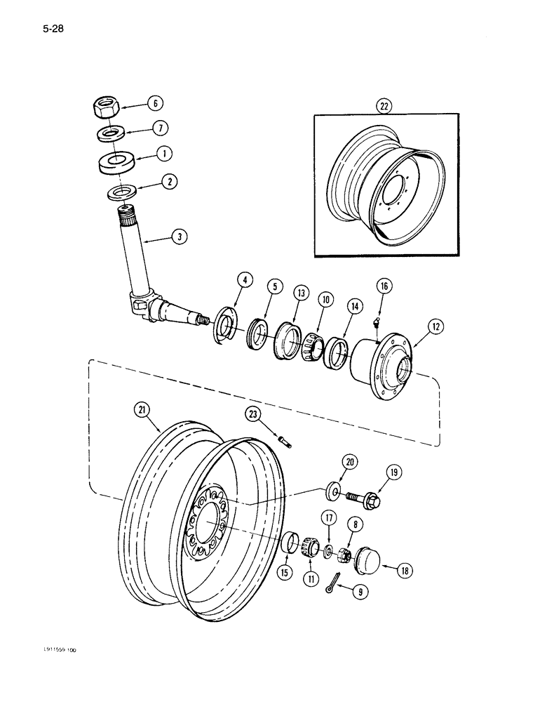 Схема запчастей Case IH 1640 - (5-28) - STEERING KNUCKLE, HUB & WHEELS, NONADJUSTABLE & ADJUSTABLE, EXCEPT POWER GUIDE AXLE (04) - STEERING