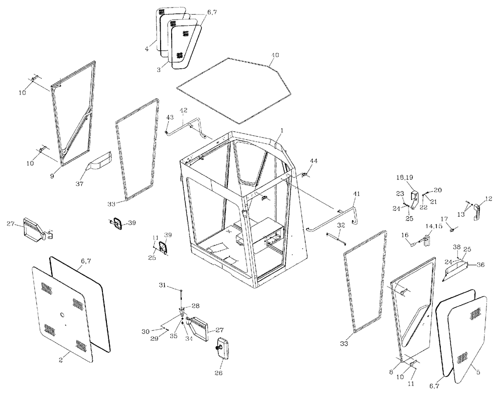 Схема запчастей Case IH 7700 - (A11[01]) - CABIN, GLASS, RUBBER, DOORS, MOUNTS, MIRRORS Mainframe & Functioning Components
