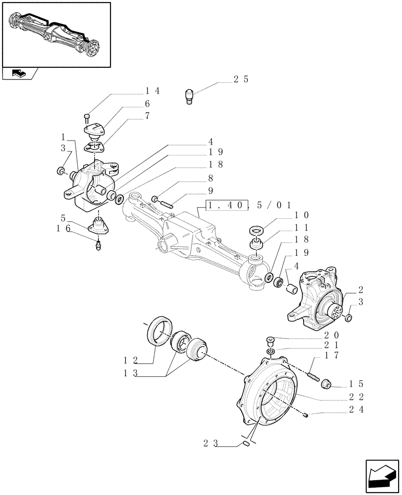 Схема запчастей Case IH PUMA 140 - (1.40.5/02[01]) - (CL.4) FRONT AXLE W/MULTI-PLATE DIFF. LOCK, ST. SENSOR AND BRAKES - STEERING AXLES AND HUBS (VAR.330426) (04) - FRONT AXLE & STEERING