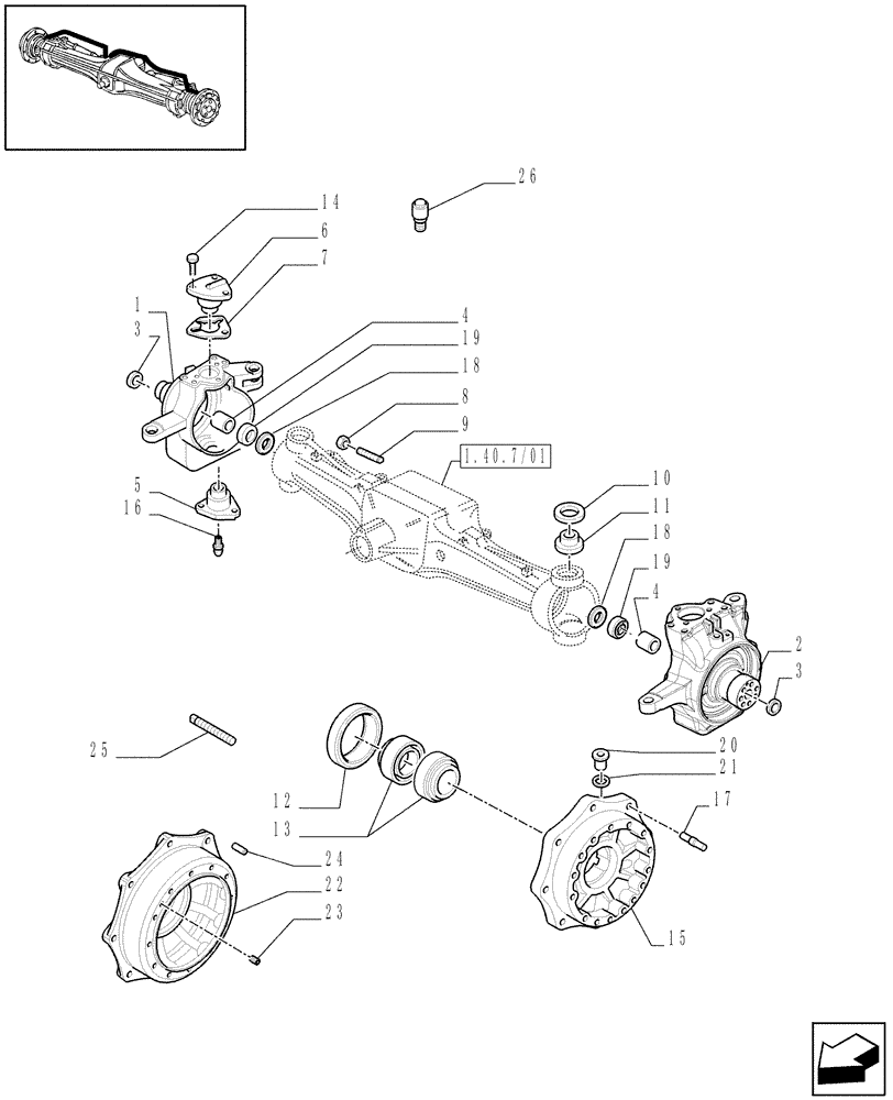 Схема запчастей Case IH MAXXUM 140 - (1.40. 7/02[01]) - (CL.4) FRONT AXLE W/MULTI-PLATE DIFF. LOCK, ST. SENSOR AND BRAKES - STEERING AXLES AND HUBS - C6683 (VAR.330426) (04) - FRONT AXLE & STEERING