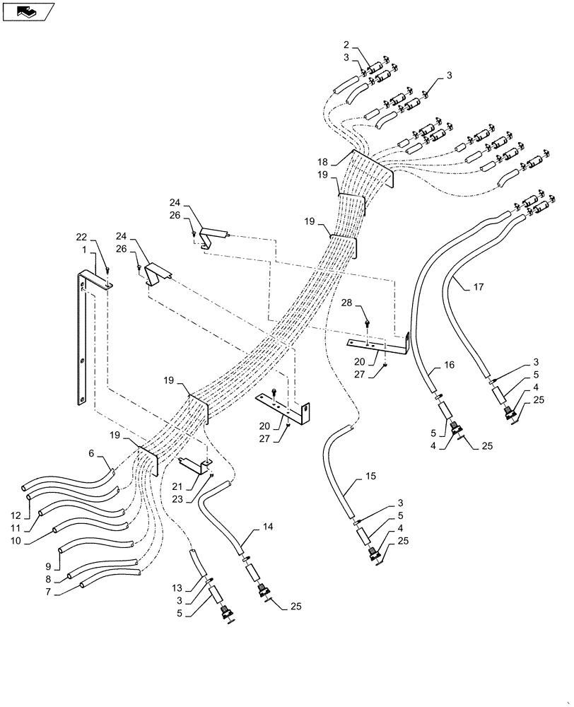 Схема запчастей Case IH 1250 - (80.150.28[03]) - BULK FILL - LH SEED HOSE - 24 ROW, ROW 8 - 12, MODEL YEAR 2011 (80) - CROP STORAGE/UNLOADING