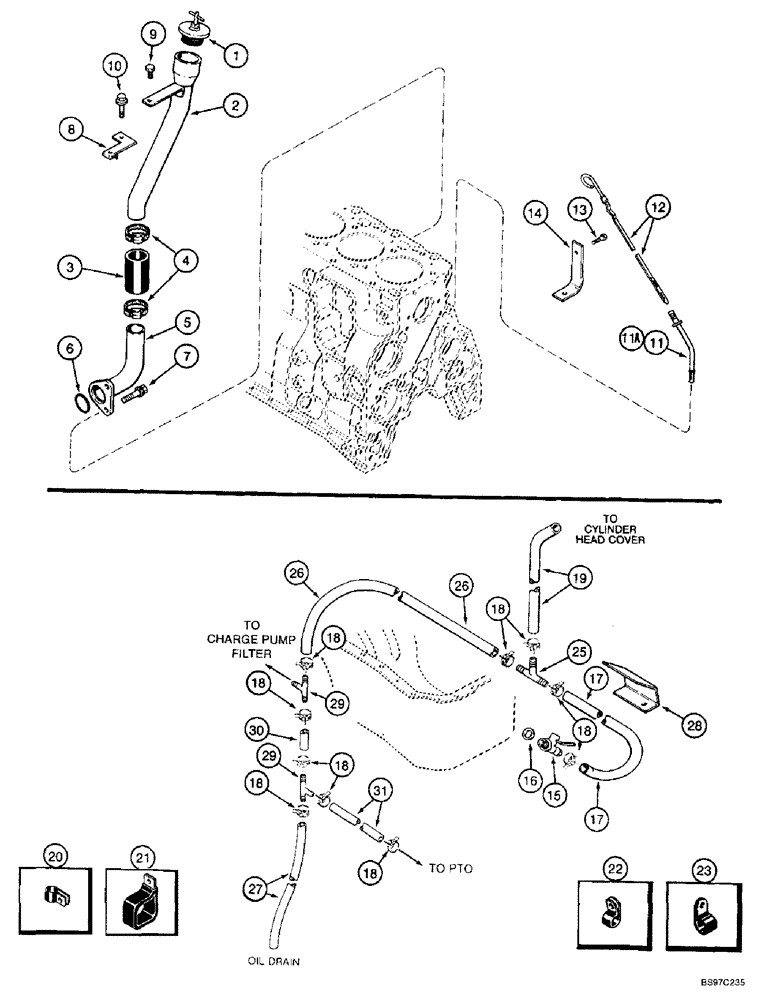 Схема запчастей Case IH 2144 - (2-44) - ENGINE ATTACHING PARTS, OIL FILL TUBE AND DIPSTICK, OIL DRAIN SYS,  PRIOR TO COMBINE S/N JJC0173150 (01) - ENGINE