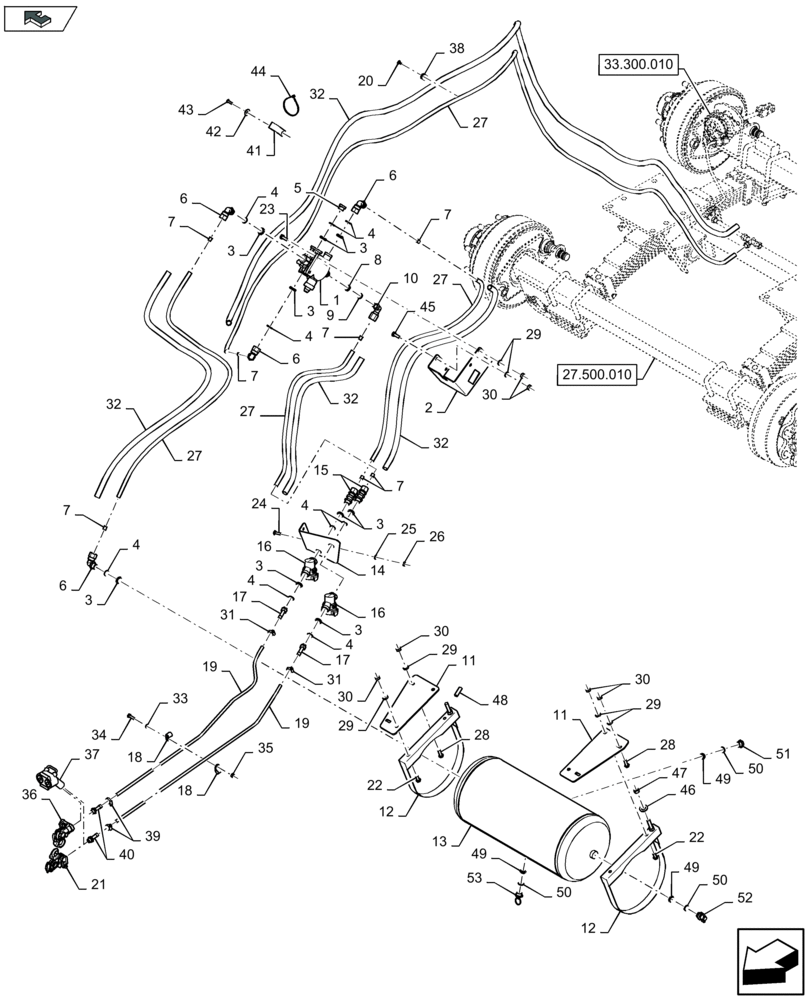 Схема запчастей Case IH LB434R - (33.300.020) - PNEUMATIC BRAKE RESERVOIR AND BRAKE VALVE - TANDEM AXLE (33) - BRAKES & CONTROLS
