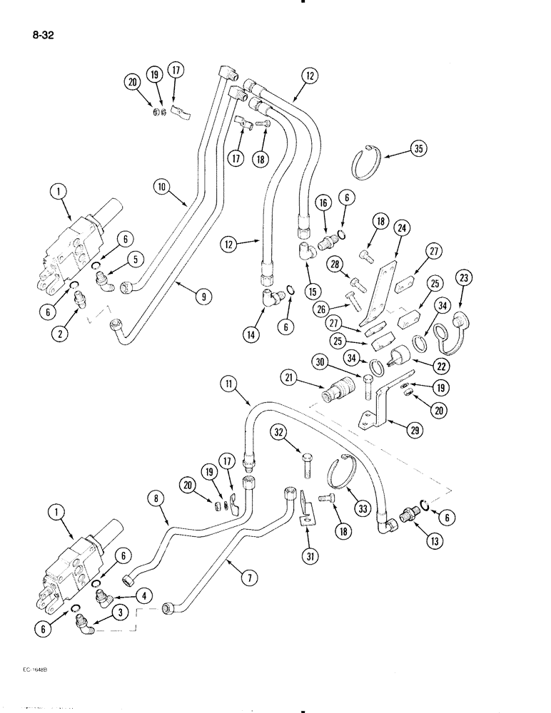 Схема запчастей Case IH 595 - (8-32) - REMOTE AUXILIARY VALVES, FIRST AND SECOND BANK TUBES AND COUPLINGS, WITHOUT CAB (08) - HYDRAULICS