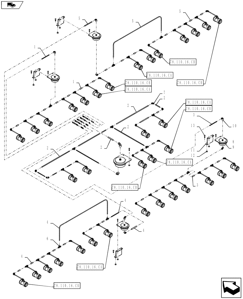 Схема запчастей Case IH 610 - (78.110.16.BB) - NOZZLE PLUMBING, 60/85 BOOM, 30"/60" SPACING, 5 SECTION CONTROL (78) - SPRAYING