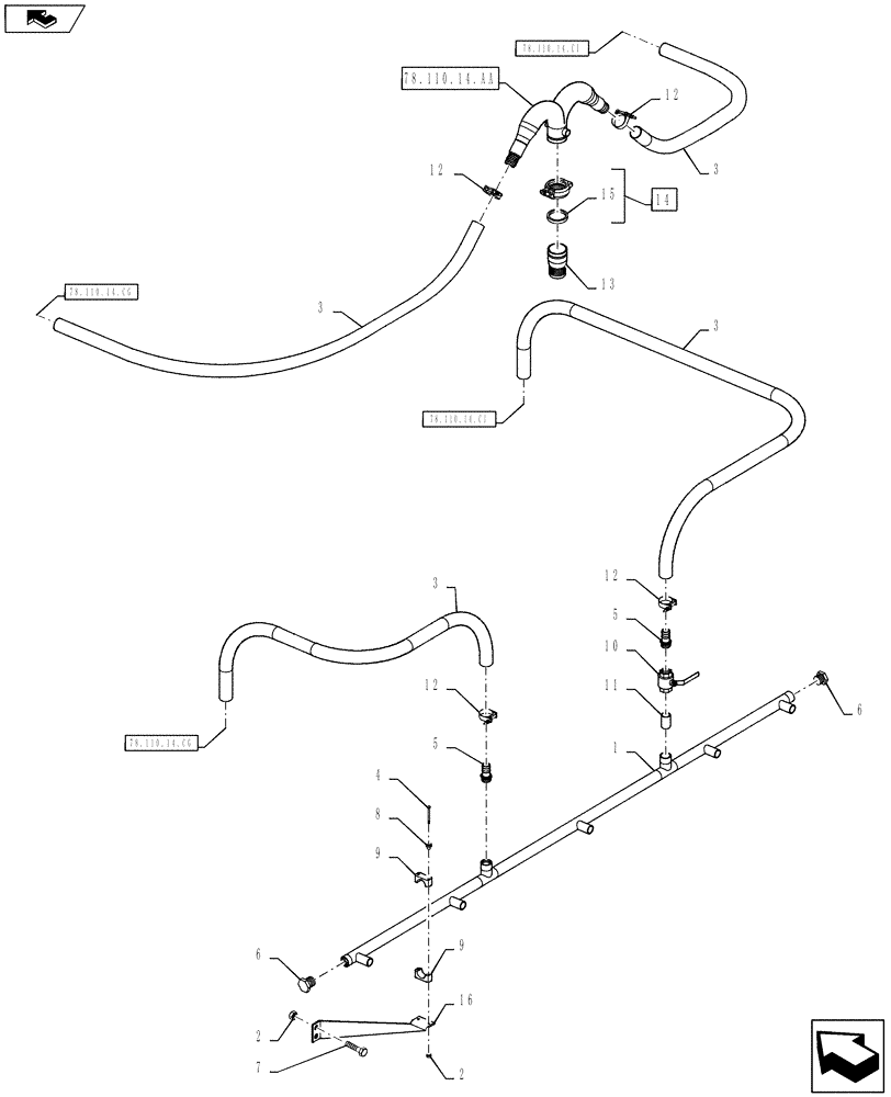 Схема запчастей Case IH 610 - (78.110.14.CH) - BOOM PLUMBING, 60/85 BOOM, 2" BOOM LINES, 30" SPACING, CENTER SECTION (78) - SPRAYING