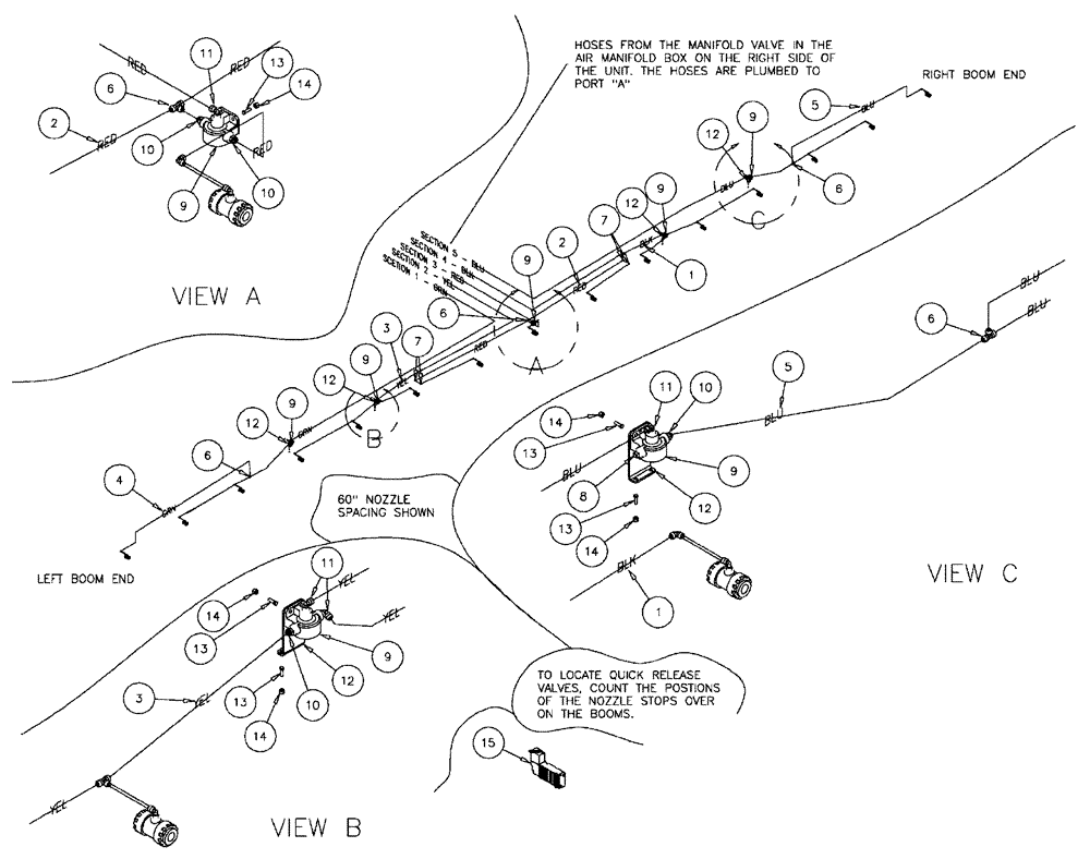 Схема запчастей Case IH FLX610 - (03-022) - 5-SECTION 70 BOOM GROUP, PNEUMATIC COMPONENTS 60" SPACING (09) - BOOMS