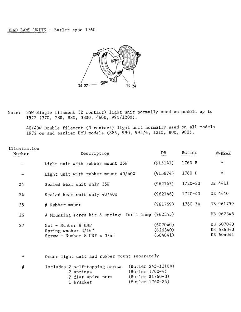 Схема запчастей Case IH DAVID BROWN - (8) - HEAD LAMP UNITS - BUTLER TYPE 1760 