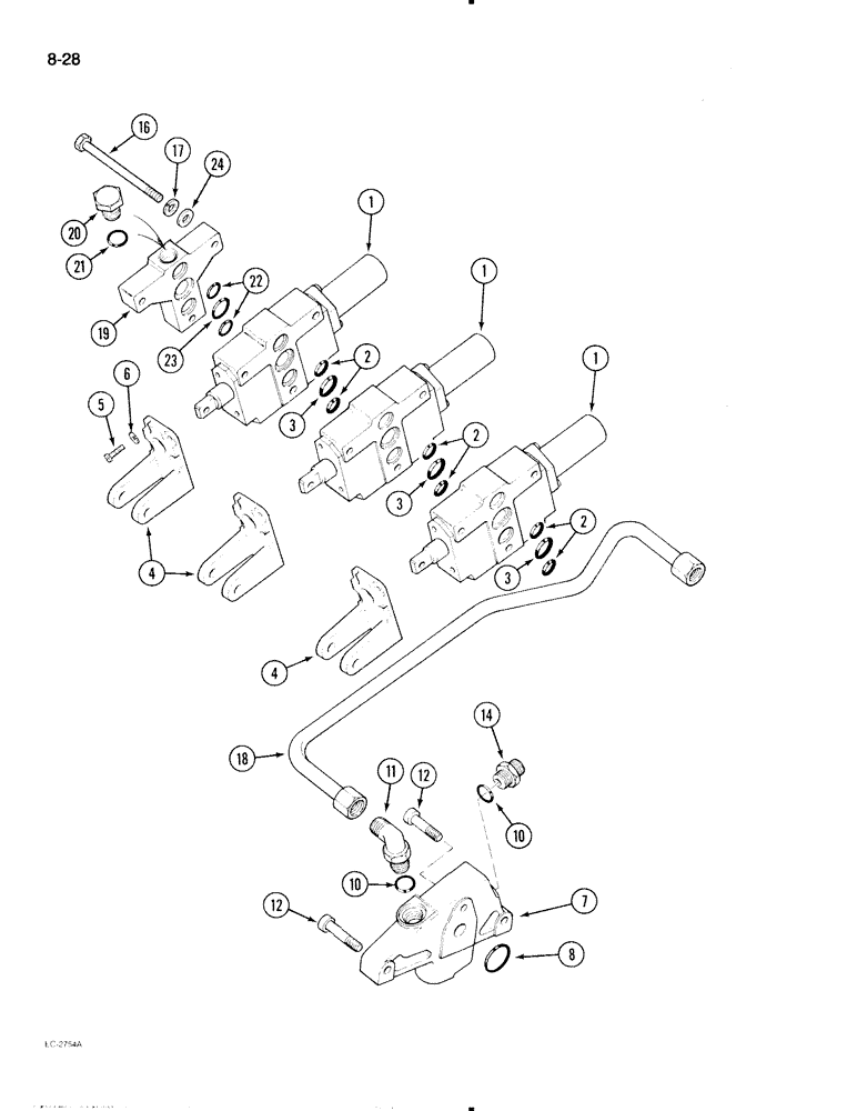 Схема запчастей Case IH 595 - (8-28) - REMOTE AUXILIARY VALVES, FIRST, SECOND, OR THIRD BANK MOUNTING, WITHOUT CAB (08) - HYDRAULICS