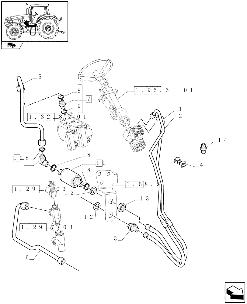 Схема запчастей Case IH MAXXUM 115 - (1.42.0[03]) - POWER STEERING DELIVERY AND RETURN PIPES FOR STANDARD STEER (04) - FRONT AXLE & STEERING
