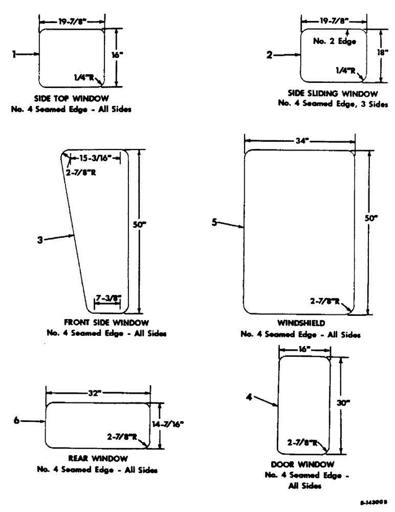 Схема запчастей Case IH 303 - (230) - CAB WINDOW GLASS DIMENSIONS, FRONT MOUNTED PRESSURIZED AIR FILTER (90) - PLATFORM, CAB, BODYWORK AND DECALS