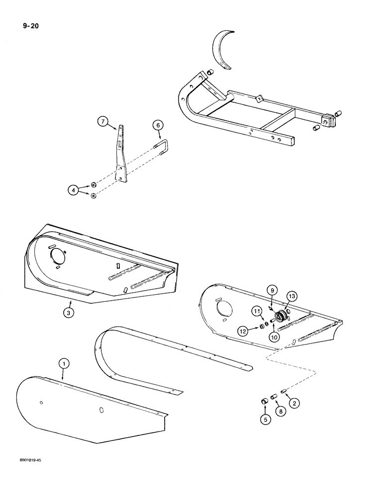 Схема запчастей Case IH 1300 - (9-20) - CUTTER BAR SUPPORT HINGE COUPLING, IDLER PULLEY, AND SHIELDS (09) - CHASSIS/ATTACHMENTS