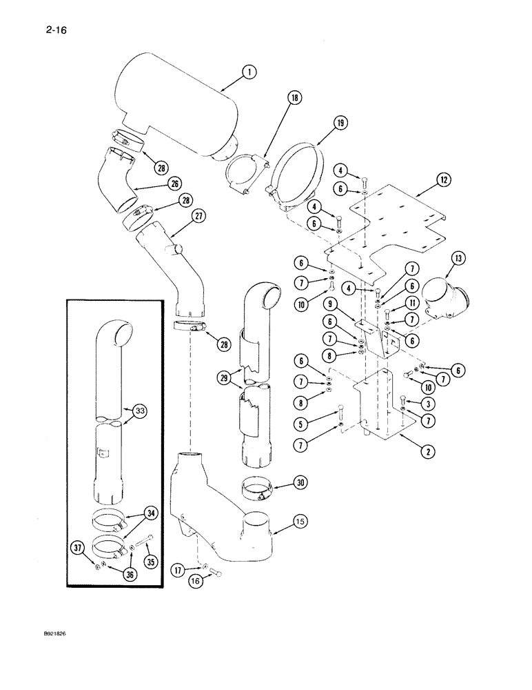 Схема запчастей Case IH 7140 - (2-016) - EXHAUST SYSTEM, PRIOR TO P.I.N. JJA0018535 (02) - ENGINE