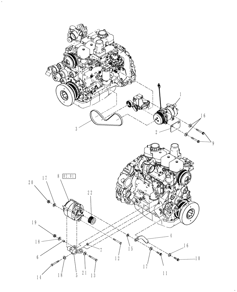 Схема запчастей Case IH WD1203 - (02.02[1]) - AC COMPRESSOR AND DRIVE, ALTERNATOR AND MOUNTING (02) - ENGINE EQUIPMENT