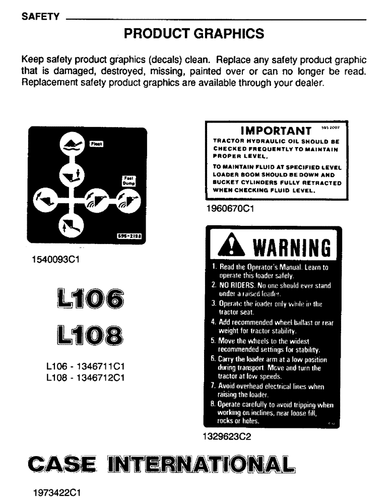Схема запчастей Case IH L108 - (06) - SAFETY, PRODUCT GRAPHICS (00) - PICTORIAL INDEX