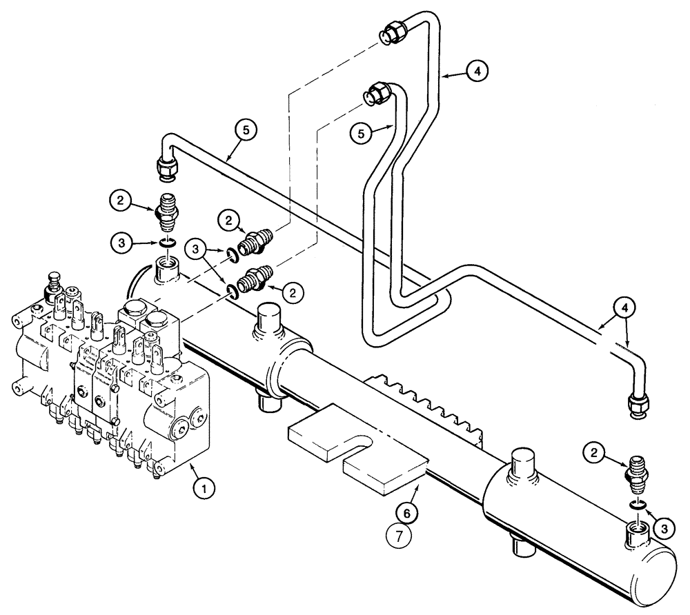 Схема запчастей Case IH 95XT - (08-54) - HYDRAULIC SYSTEM - BACKHOE SWING CYLINDER (NORTH AMERICA), D125 BACKHOE, WITH TUBES AT CONTROL VALVE (08) - HYDRAULICS