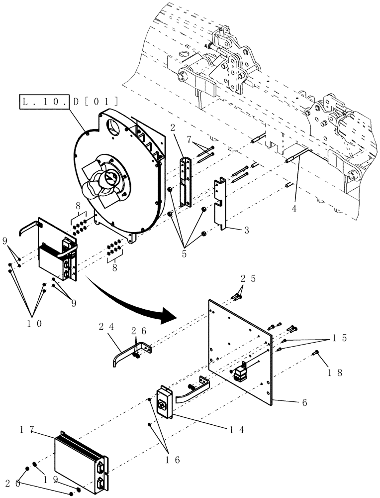 Схема запчастей Case IH 1200 - (L.10.D[08]) - FAN AND ELECTRONIC ASSEMBLY MOUNTING, 12 ROW NARROW MOUNTED STACKER (FROM 11/2003) L - Field Processing