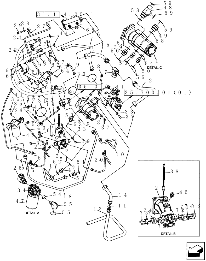 Схема запчастей Case IH 9010 - (41.203.03[01]) - PTO 1, COMMON HYDRAULIC - PRIOR TO PIN HAJ202001 - 7010/8010 (41) - STEERING