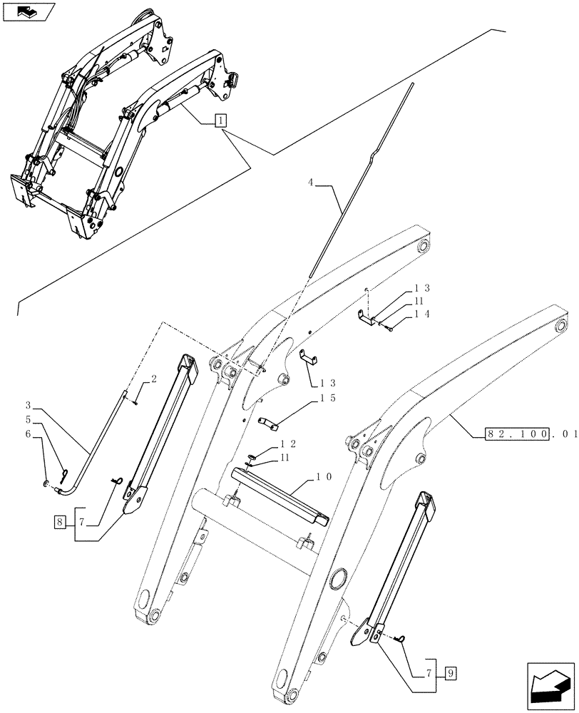 Схема запчастей Case IH FARMALL 65C - (82.100.01[06]) - FRONT LOADER - BREAKDOWN - PARKING LEG AND PIPE PROTECTION - NAR (VAR.333489-335489) (82) - FRONT LOADER & BUCKET