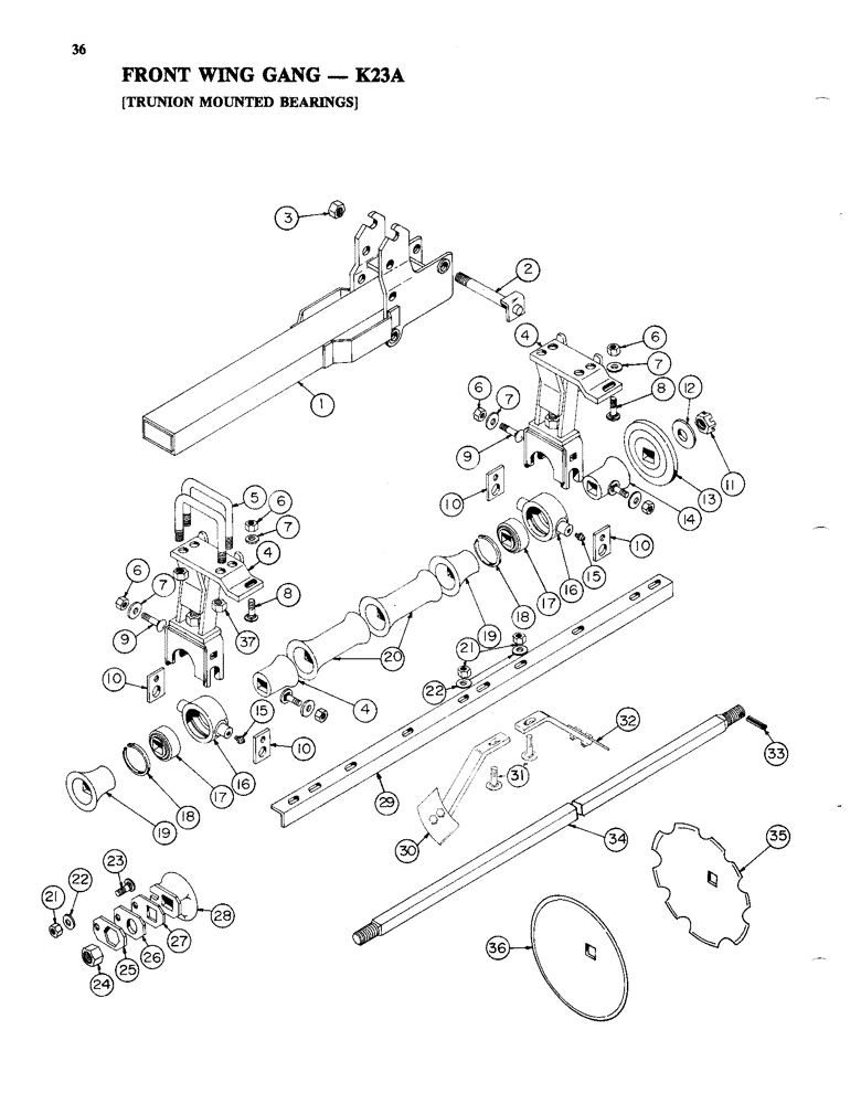 Схема запчастей Case IH K23A - (36) - FRONT WING GANG, TRUNION MOUNTED BEARINGS 