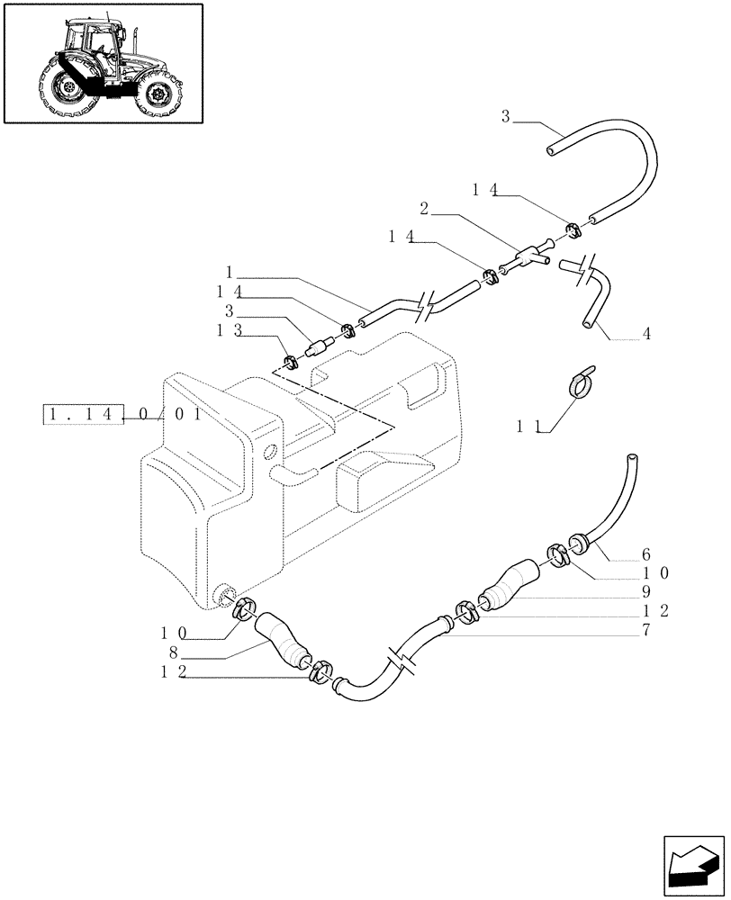 Схема запчастей Case IH JX90 - (1.14.6/01) - (VAR.042) AUXILIARY FUEL TANK (34L.) - FUEL PIPES (02) - ENGINE EQUIPMENT