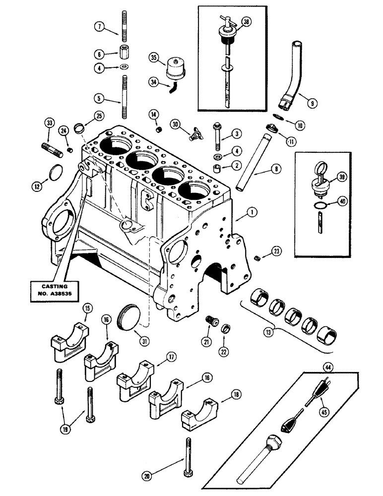 Схема запчастей Case IH 1700-SERIES - (040) - CYLINDER BLOCK, 188 DIESEL ENGINE, USED WITH CYLINDER HEAD BOLTS 1ST USED ENG. SERIAL NO. 2711005 (10) - ENGINE