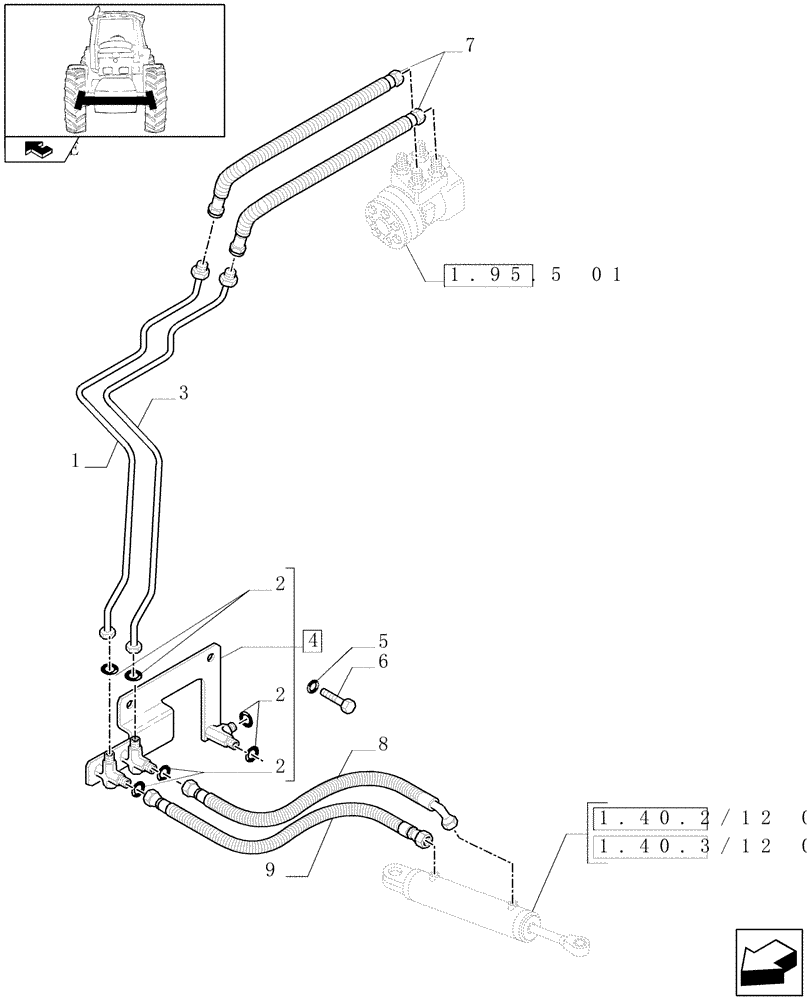 Схема запчастей Case IH PUMA 140 - (1.42.0/01) - SUSPENDED FRONT AXLE - STEERING CYLINDER PIPES AND POWER STEER. PIPES (VAR.330414-330427-330429-330430) (04) - FRONT AXLE & STEERING